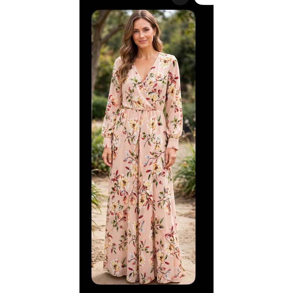 XTAREN Plus Peach Floral Wrap Maxi Dress Long Sleeve 2X